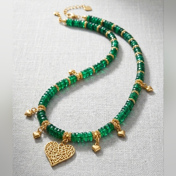 Emerald and 24k Gold Plated Hearts Necklace 18 Inch